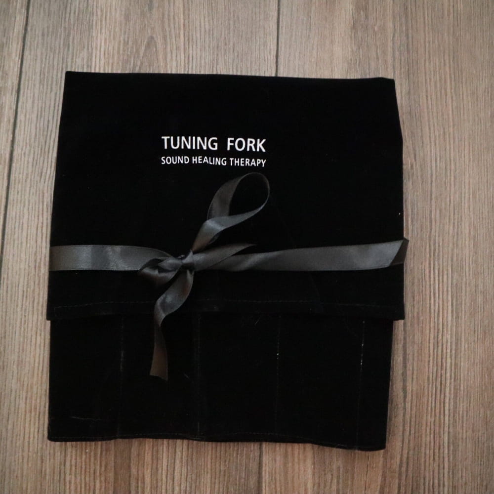 Black Tuning Fork Sound Healing Therapy case with gray ribbon bow for tuning forks