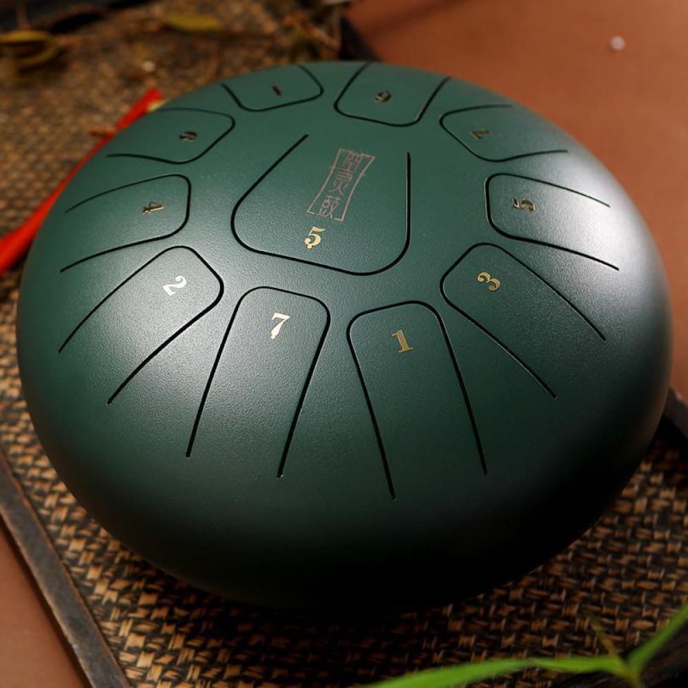 Teal Carbon Steel Tongue Drum with numbered sections in C Key, 10 inches, 11 notes