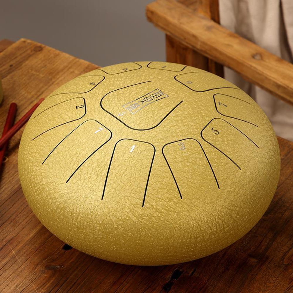 Golden Steel Tongue Drum with Curved Tone Markings, 11 Notes in C Key, 10 inch
