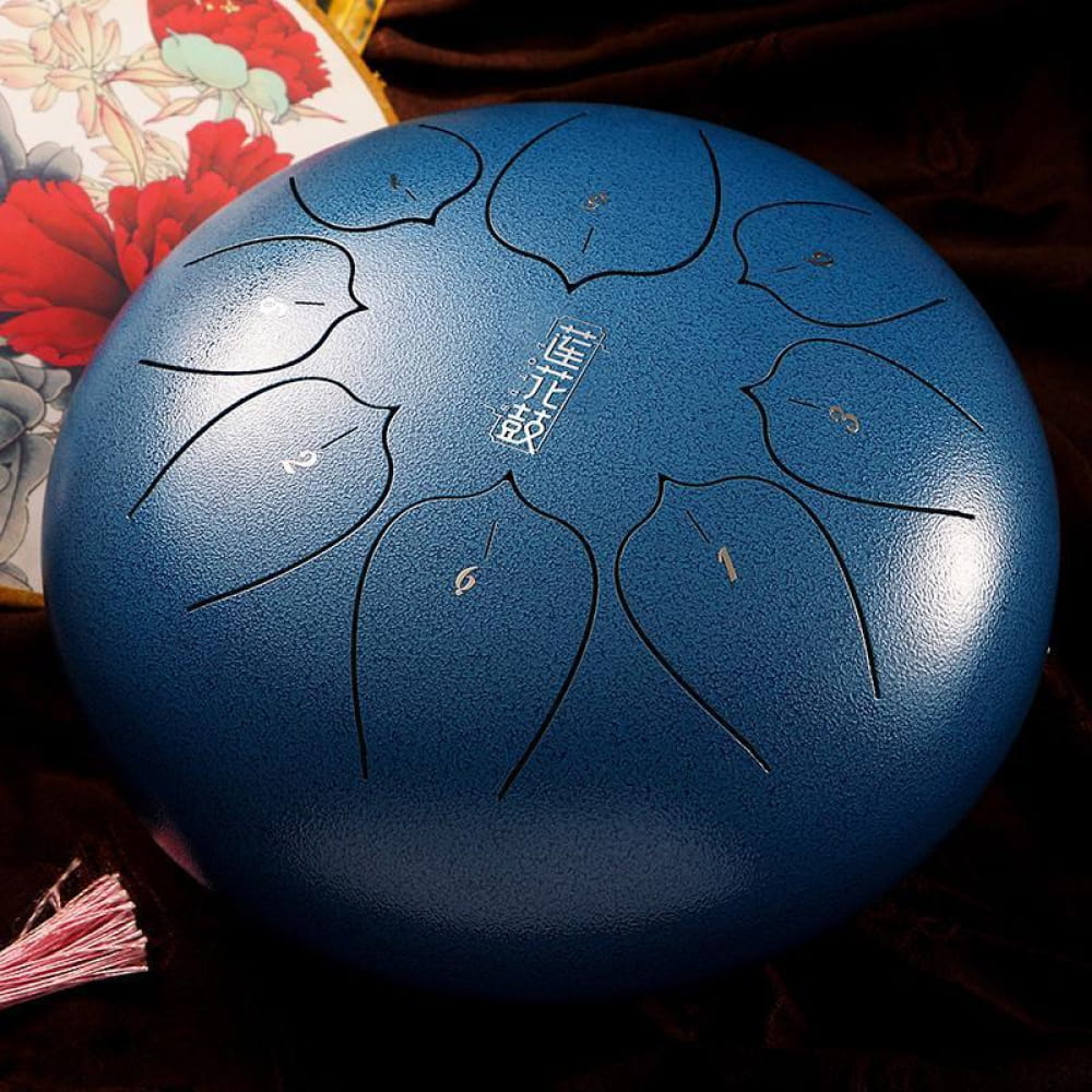 Blue metallic 10 inch Carbon Steel tongue drum with petal-shaped tone sections
