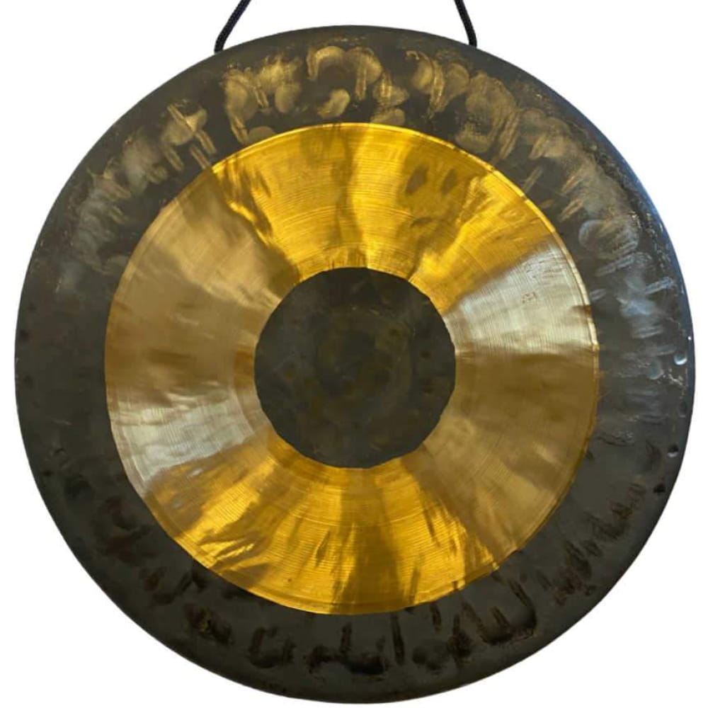 Traditional Chinese 10 inch Chau Gong with concentric circles in black, gold, and silver