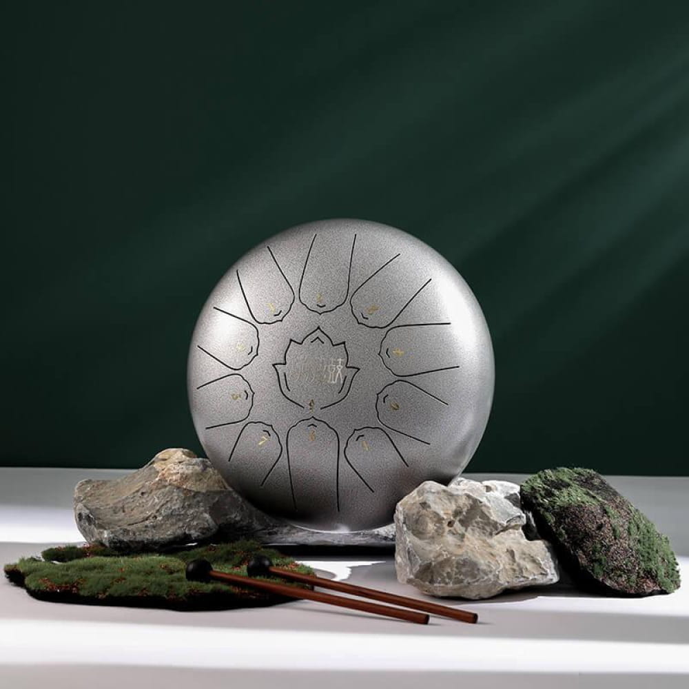 Steel tongue drum with lotus flower design in 10-Inch Carbon Steel, 11 Notes C Major