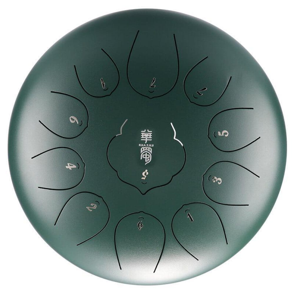 Dark green steel tongue drum with numbered tone fields in a circular pattern