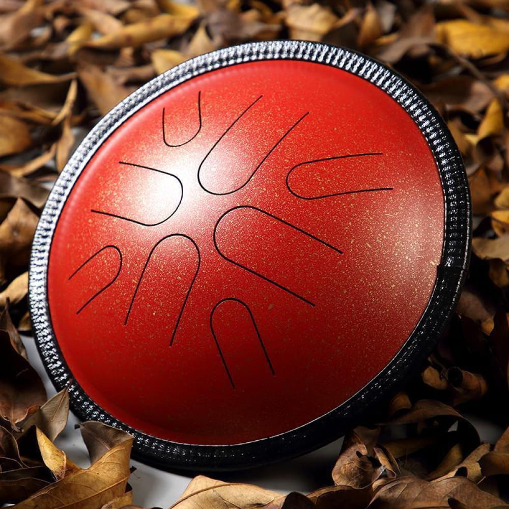 Red steel tongue drum with etched tones, 10-Inch Copper Disc Steel Tongue Drum