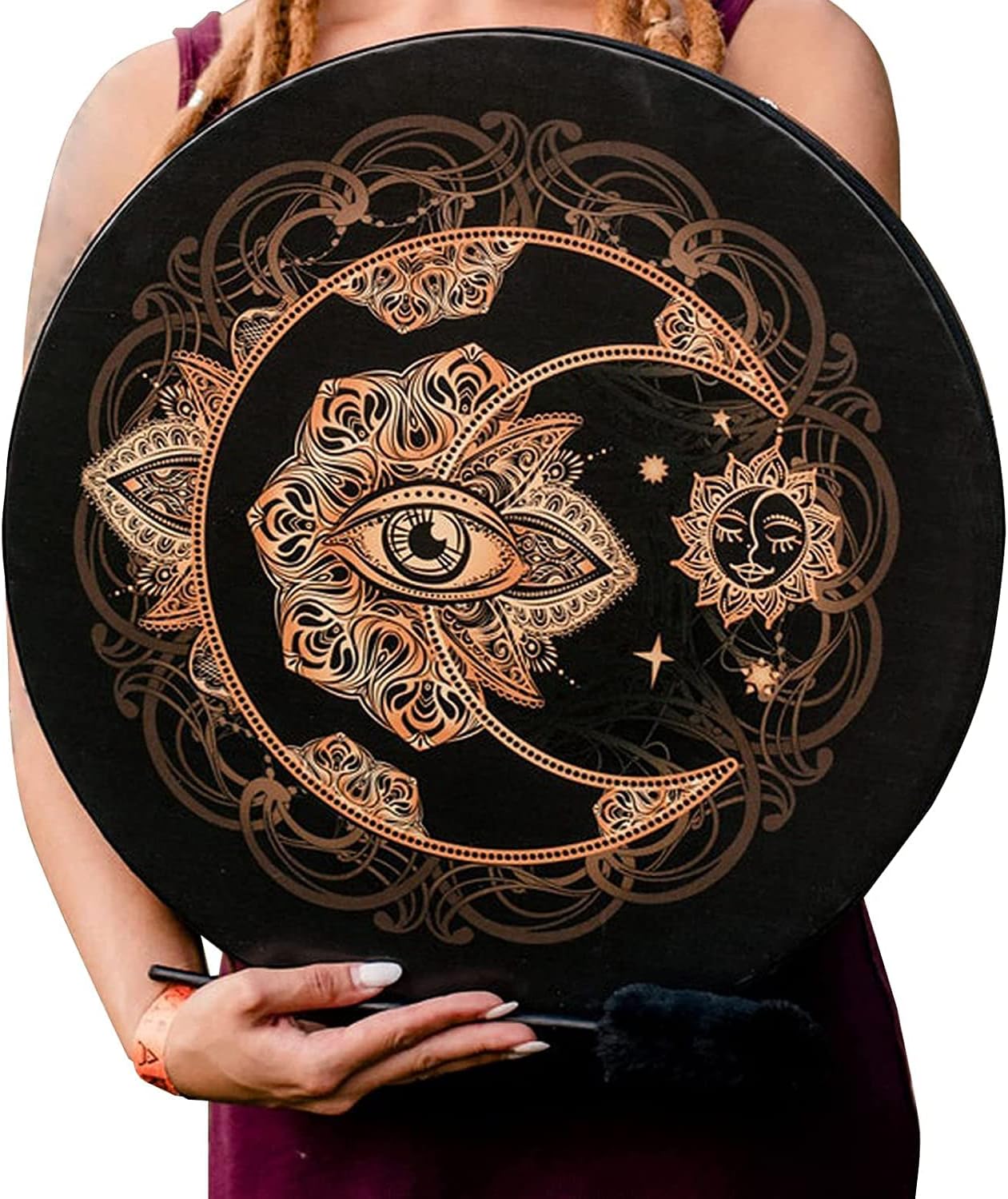 Circular black shamanic hand drum featuring mystical copper tones and mandala design