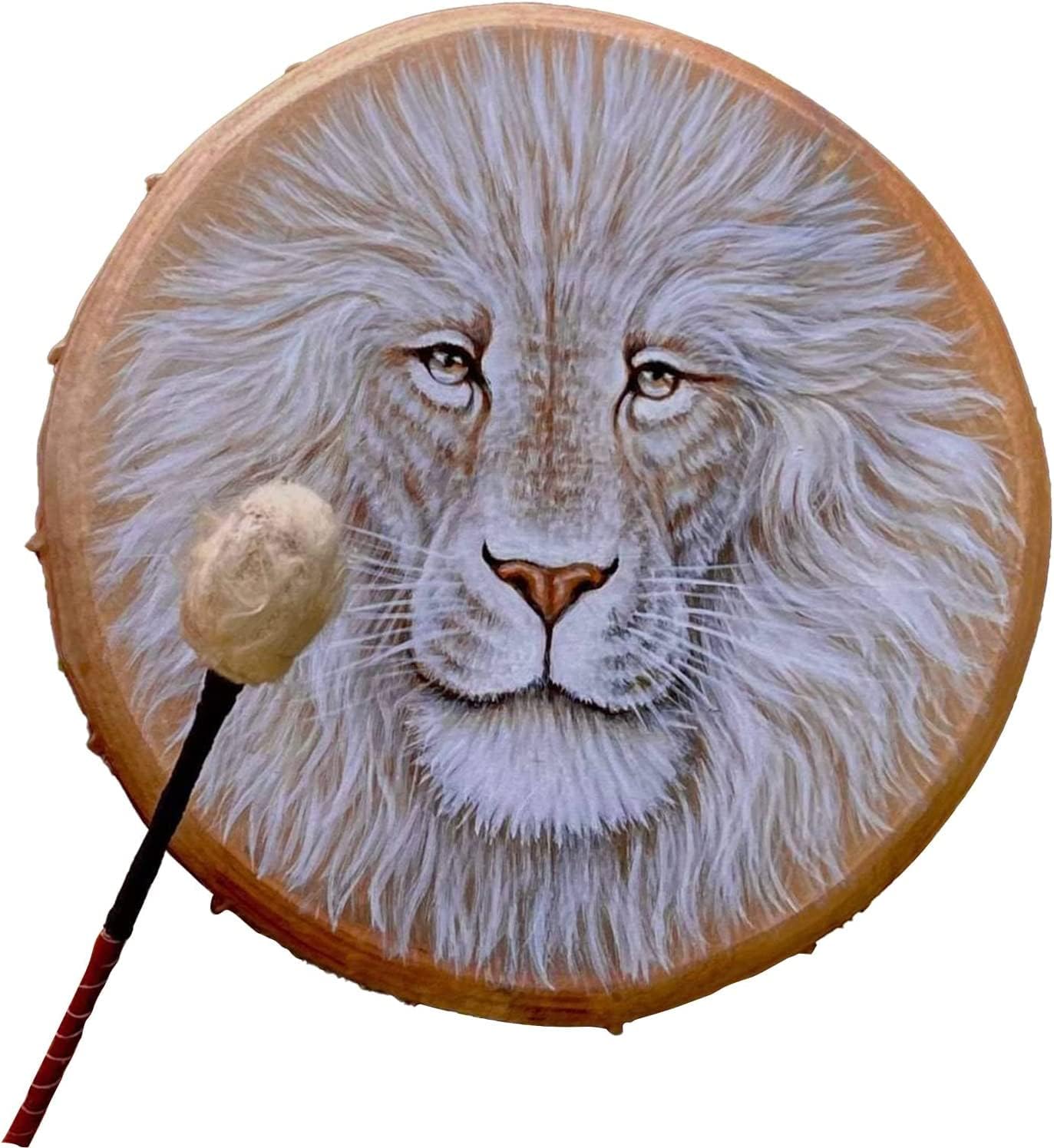 White lion artwork on a wooden drum, featured in 10’’ Shamanic Hand Drum