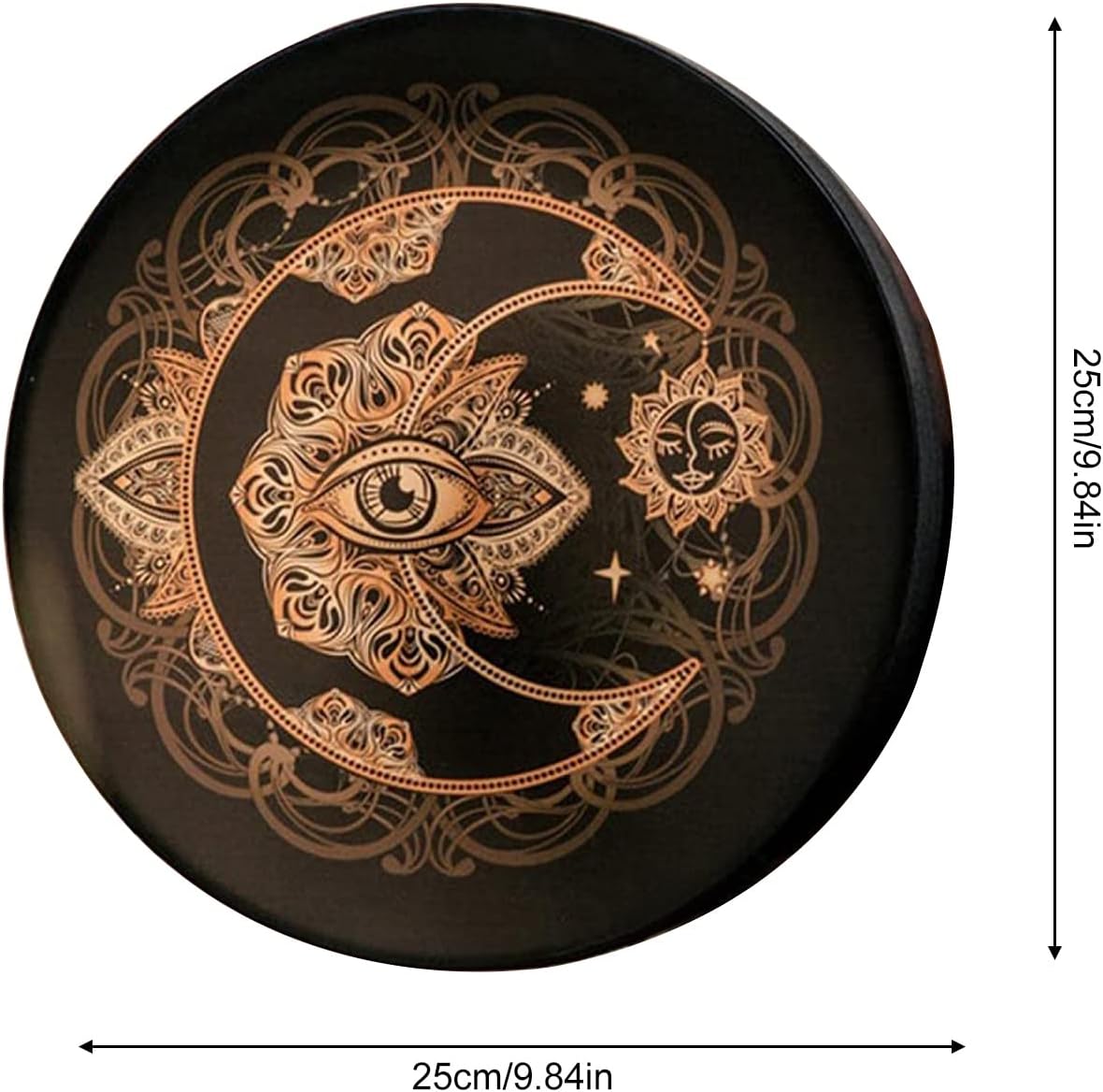 Decorative crescent moon with eye and mandala patterns on 10’’ Shamanic Hand Drum