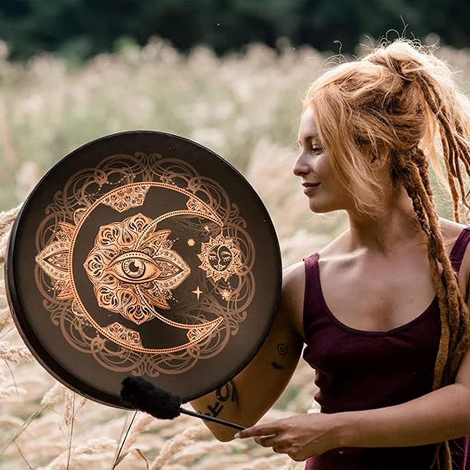 Decorative 10 inch Shamanic Hand Drum with crescent moon and mandala design