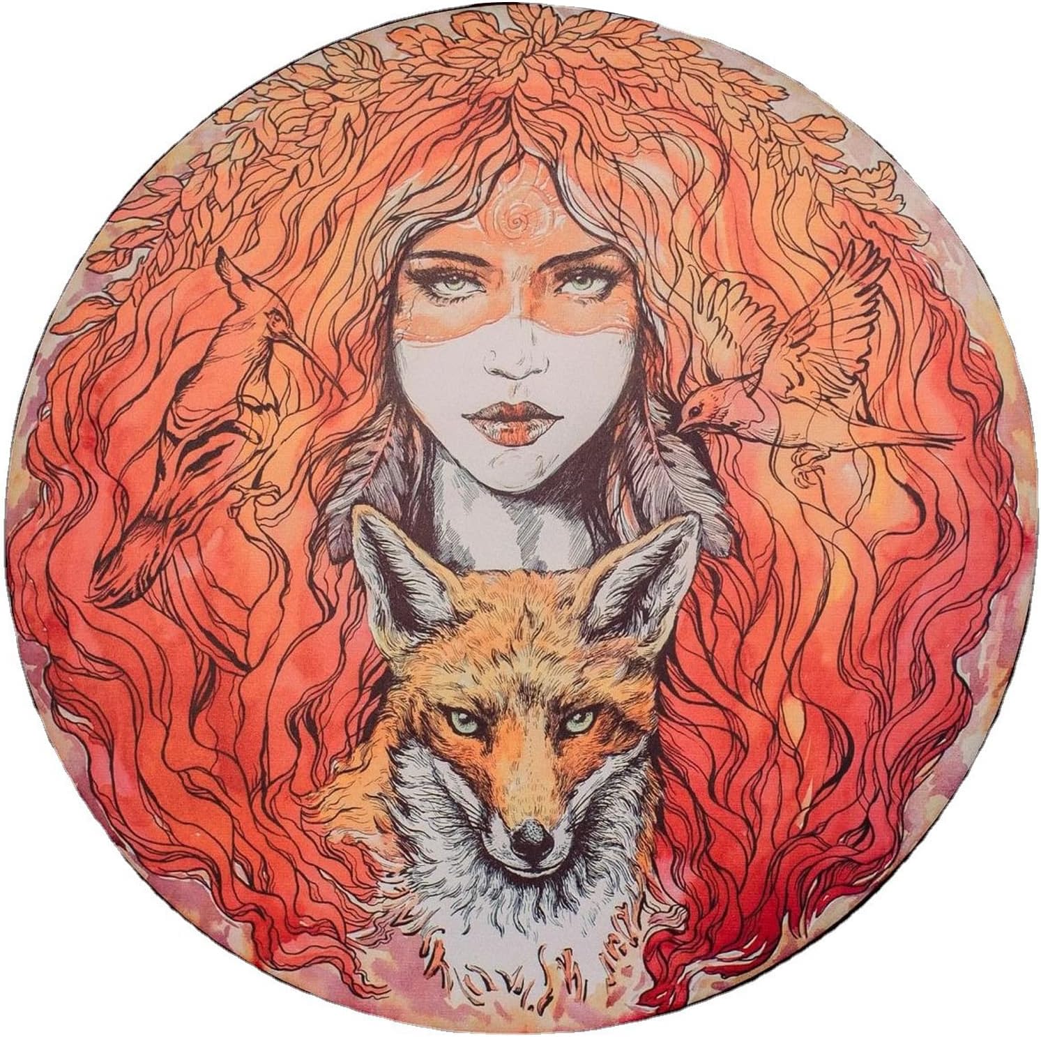 Circular artwork of flowing red hair and detailed fox on a 10’’ Shamanic Hand Drum