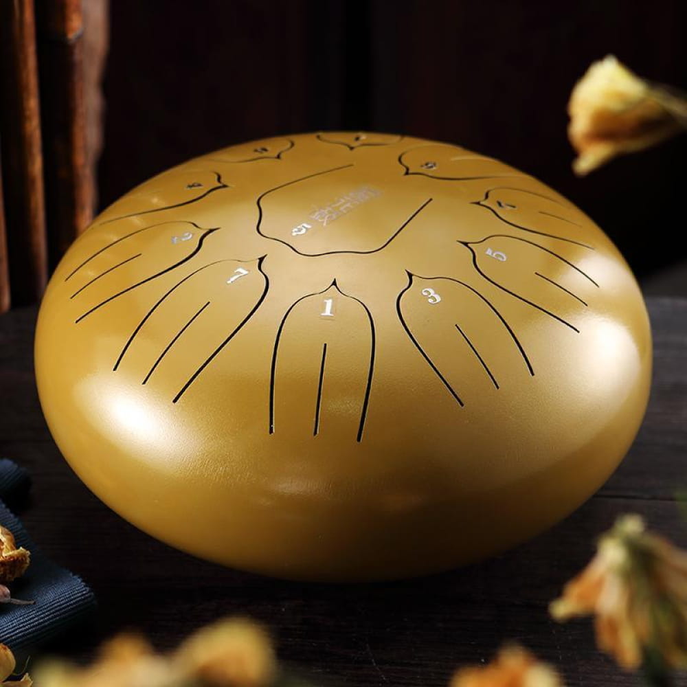 Golden Steel Tongue Drum with etched line patterns, 12 Inch, 11-Tone C Key