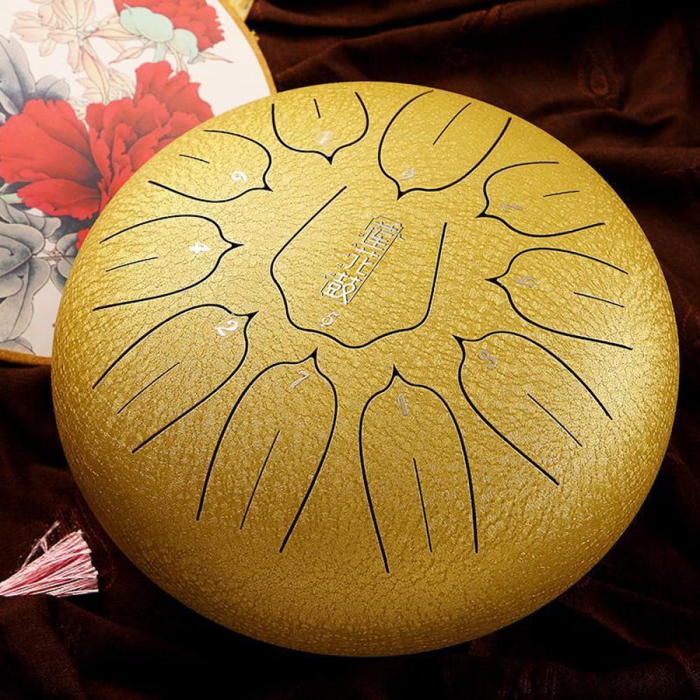 Golden Carbon Steel Tongue Drum with petal-shaped tone sections in C Key design