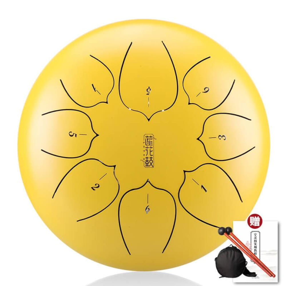 Circular yellow steel tongue drum with eight black note positions for portable music
