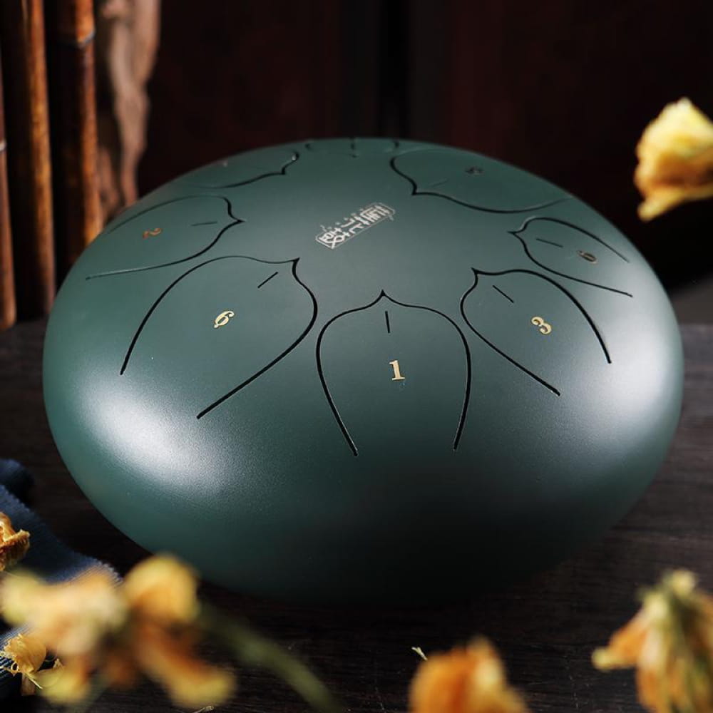 Teal Carbon Steel Tongue Drum with etched note patterns, 8 Tone C Key portable music instrument