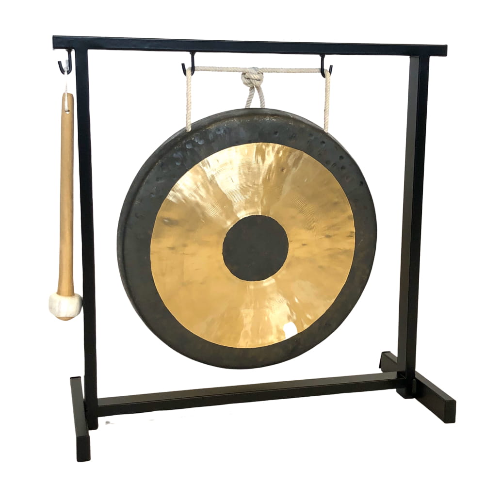 Traditional Chinese gong on black wooden stand with mallet in 12 inch set