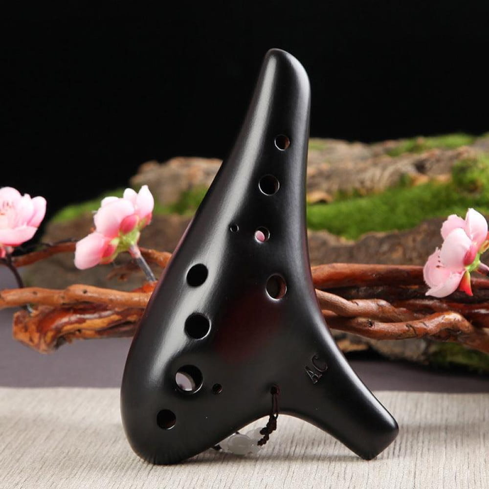 Black ceramic 12-Hole Alto C Ocarina with multiple finger holes