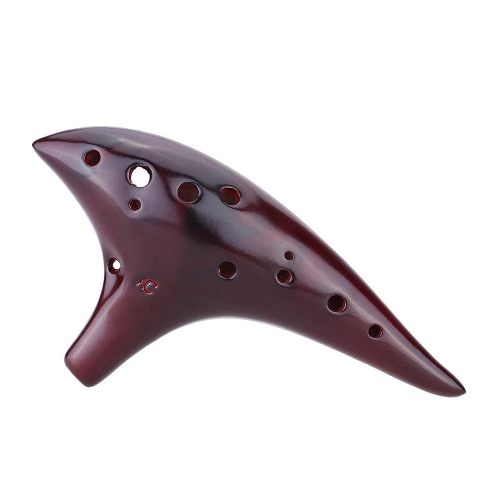 Burgundy 12 Hole Alto C Ceramic Ocarina Flute with finger holes and smoked finish