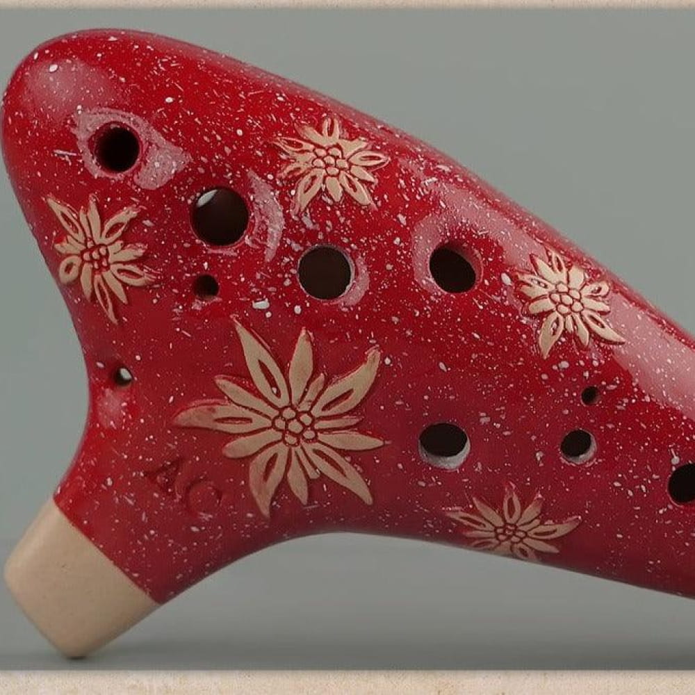 Red ceramic 12 Hole Alto C Ocarina with snowflake patterns for Zelda music lovers