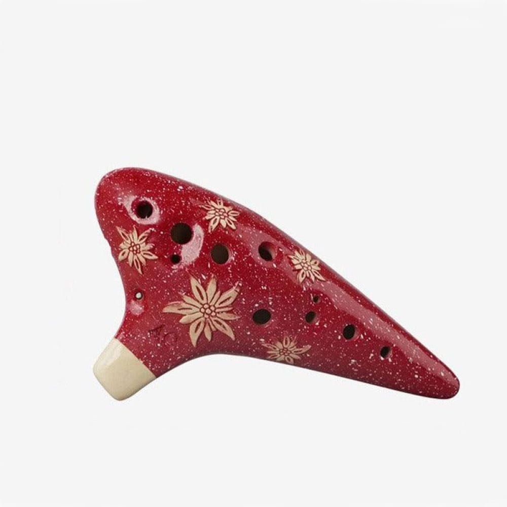 Red ceramic 12 Hole Alto C Ocarina with gold star patterns for Zelda music lovers