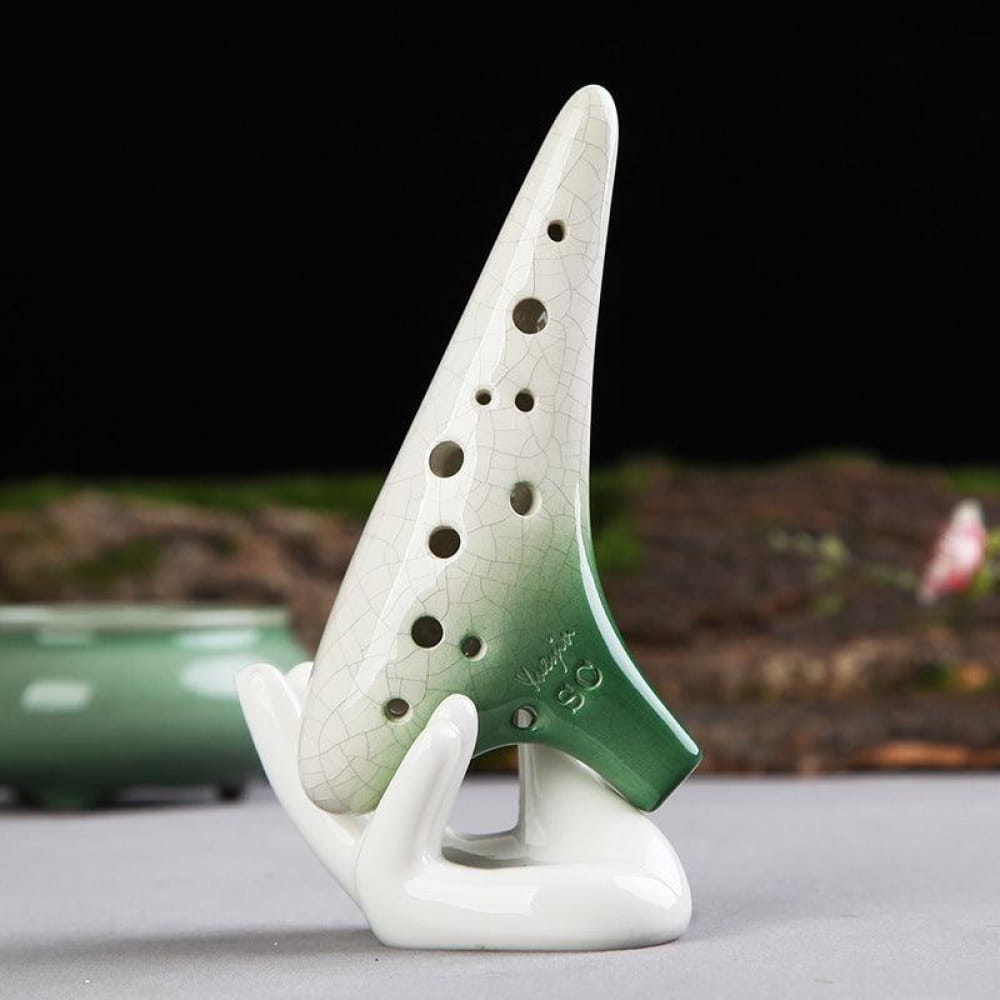 White and green 12 Hole Soprano Ceramic Ocarina with multiple finger holes