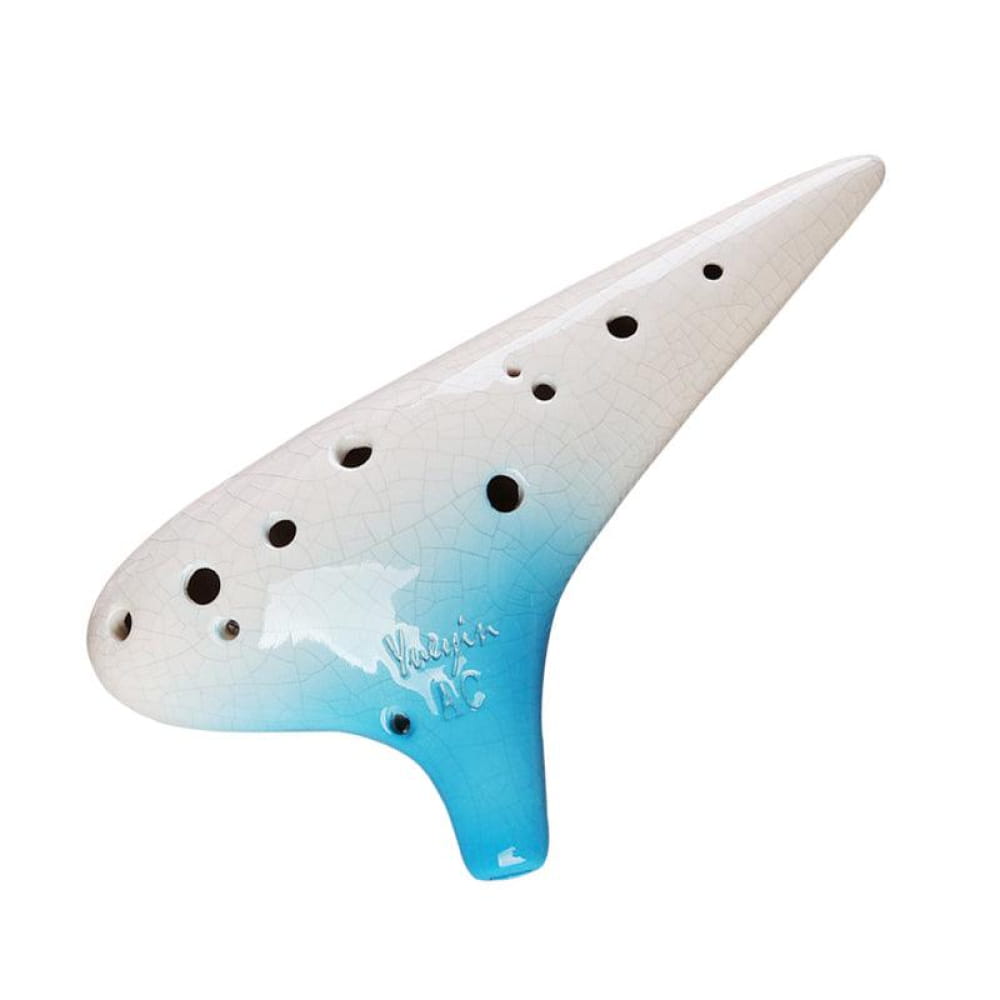 White and blue ceramic 12 Hole Tenor Alto C Ocarina Flute with finger holes