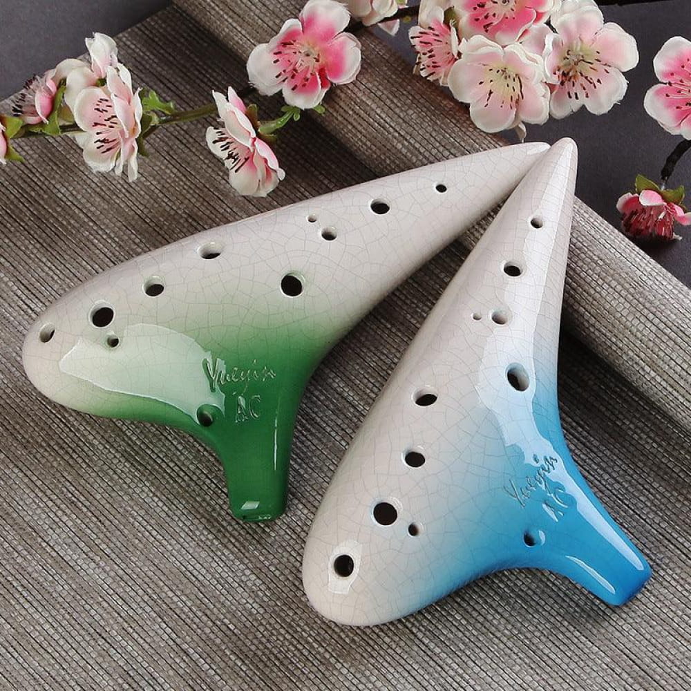 Two gradient green and blue ceramic ocarinas from the 12 Hole Tenor Alto C collection