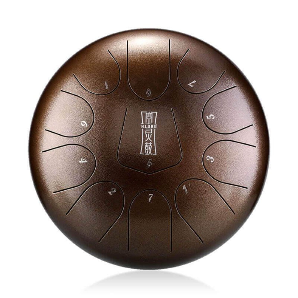 Bronze-colored 10-Inch Alloy Steel Tongue Drum with etched tone markers and logo design