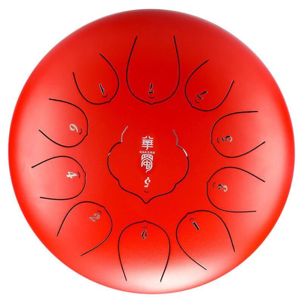 Red steel tongue drum with numbered tone zones in a circular pattern, 11 notes D key
