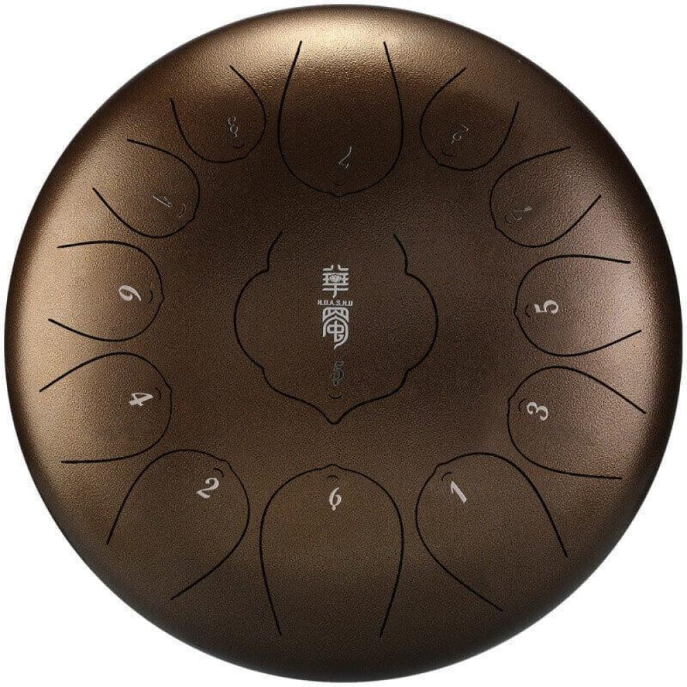 Bronze-colored steel tongue drum with numbered tone fields in a circular pattern
