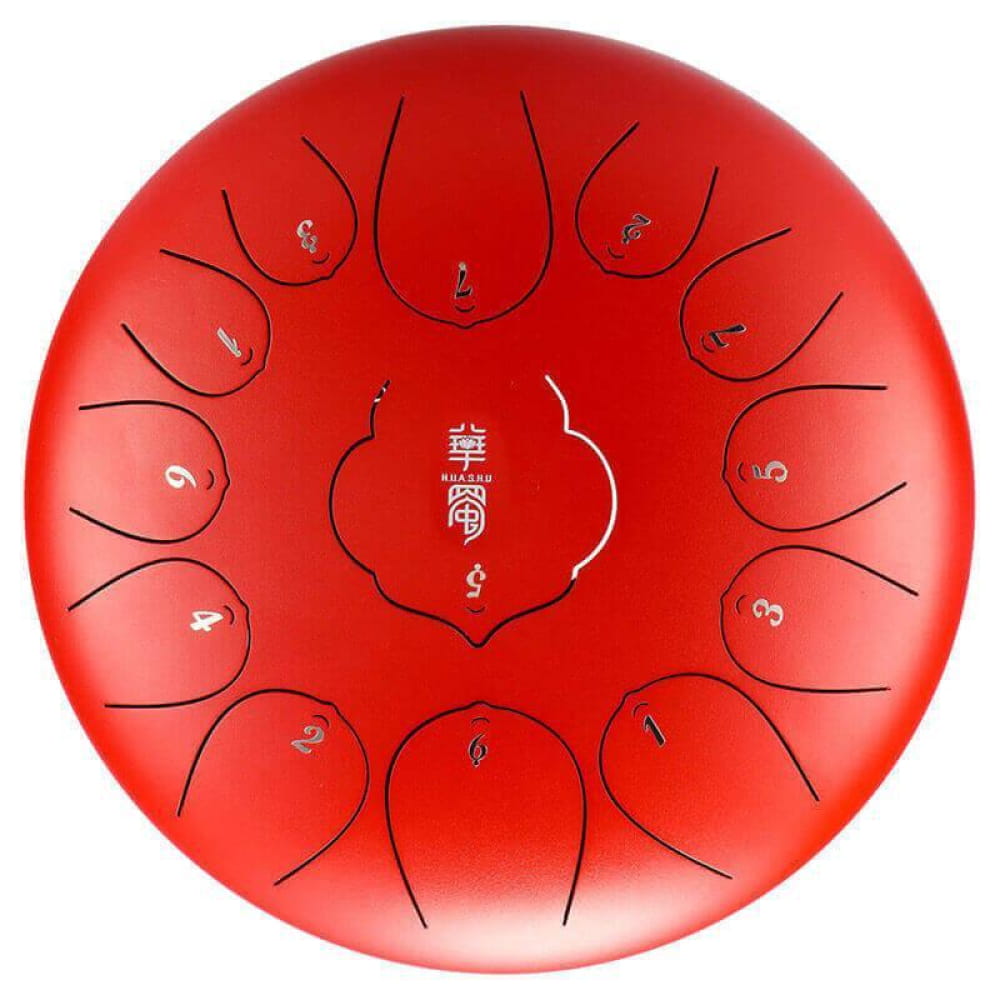 Red Steel Tongue Drum with Etched Tone Markings and Chinese Characters in C Major