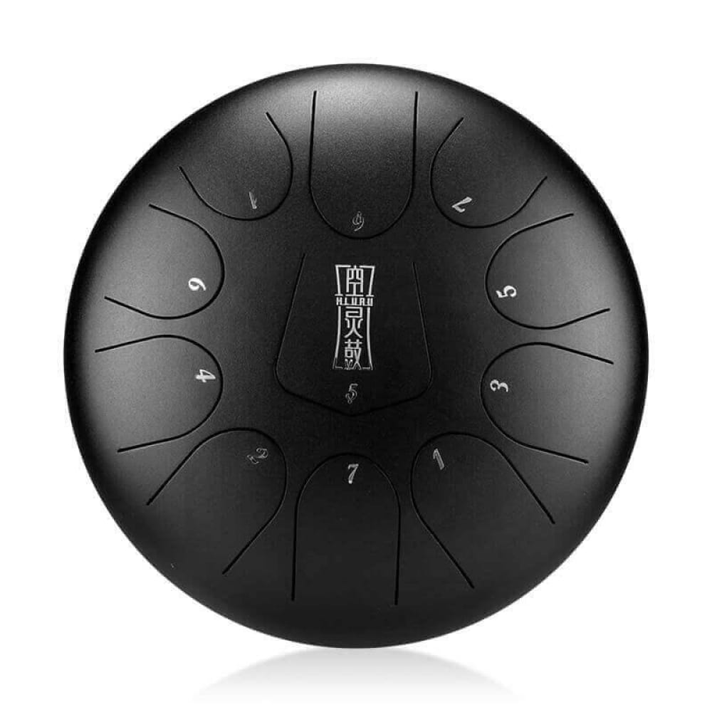 Black Steel Tongue Drum with numbered tone zones and logo for 12-Inch F Key model