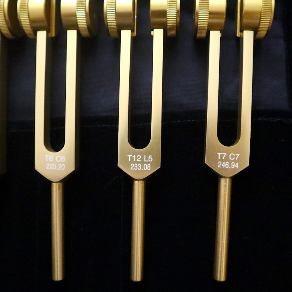 Three golden tuning forks with frequency markings from 12pc Song of the Spine Set