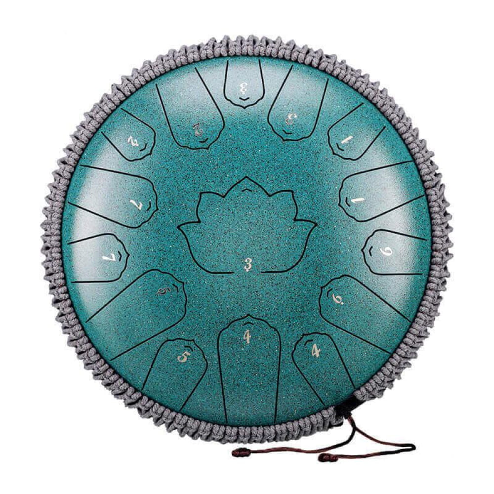 Turquoise steel tongue drum with lotus design and braided edge for relaxing music