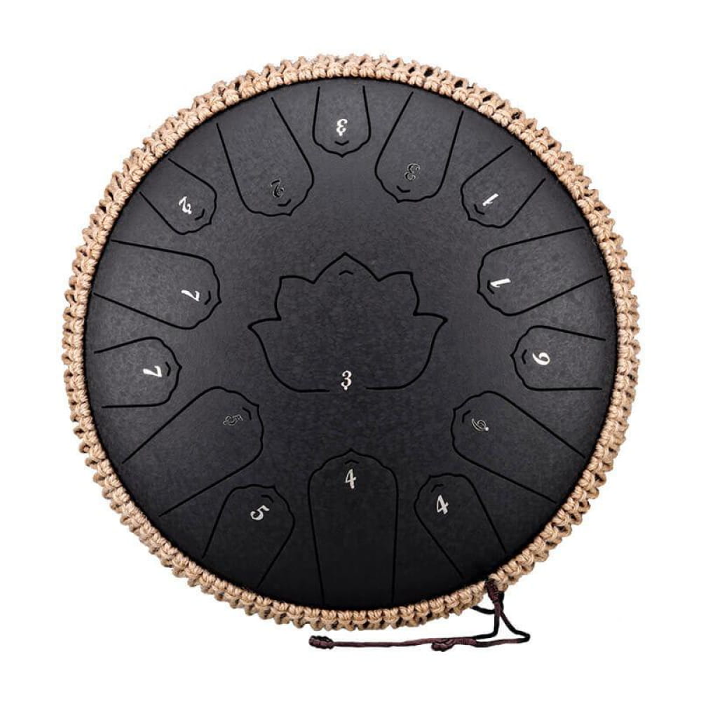 Black steel tongue drum with numbered panels and decorative rope trim, 13 Carbon Steel