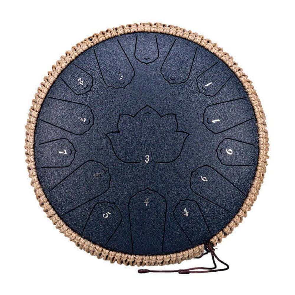 Steel tongue drum with lotus design and rope trim, 13 inches, 15 notes in C Major