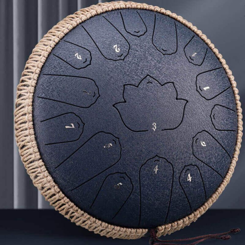13-inch Carbon Steel Tongue Drum with lotus design and rope-wrapped edges