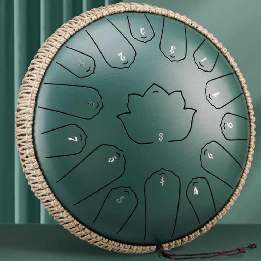 Teal Carbon Steel Tongue Drum with numbered pads and rope trim, 15 Notes C Major