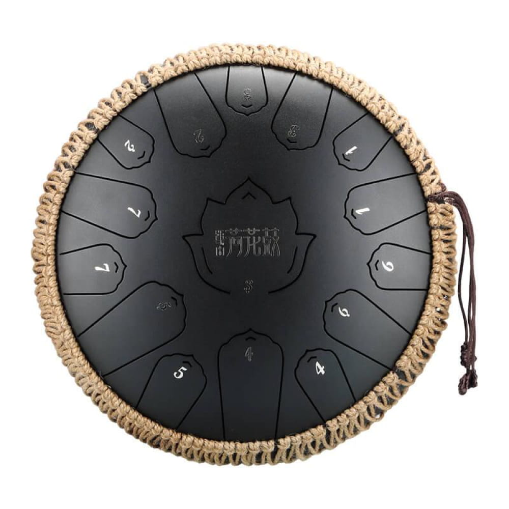 Black steel tongue drum with rope-textured border in 13-Inch 15-Note C Major model