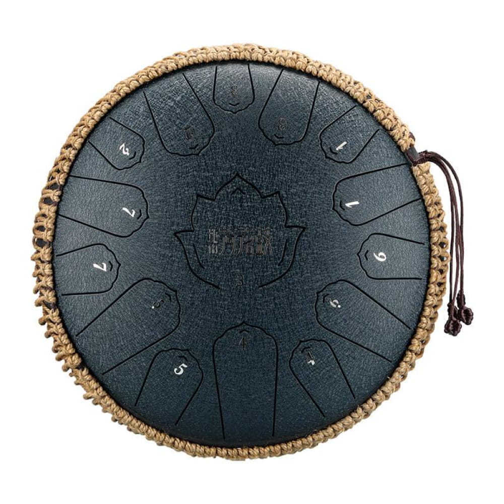 Dark steel tongue drum with rope trim, 13-Inch 15-Note C Major Carbon Steel design