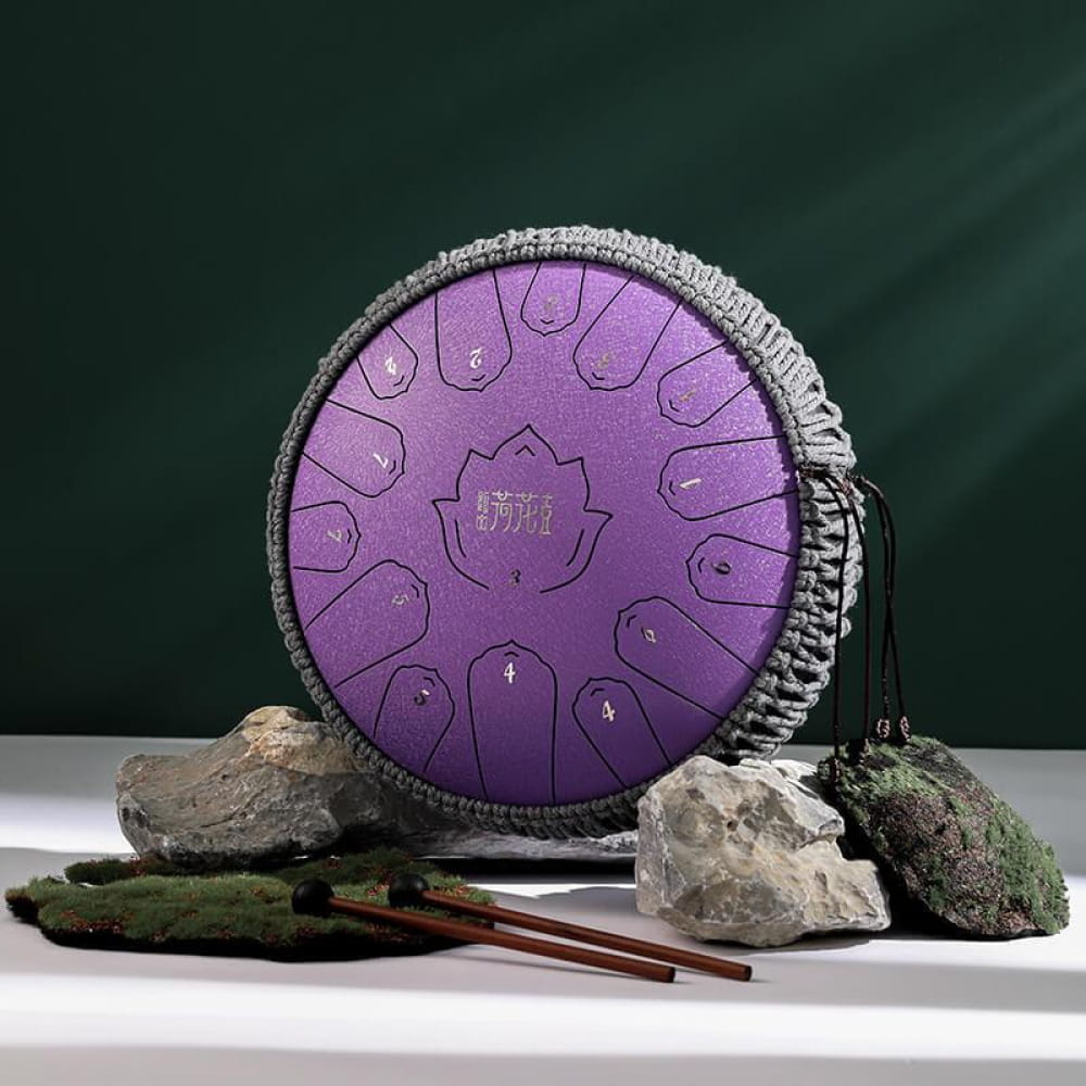 Purple Steel Tongue Drum with Lotus Symbol and 15 Tone Zones in C Major