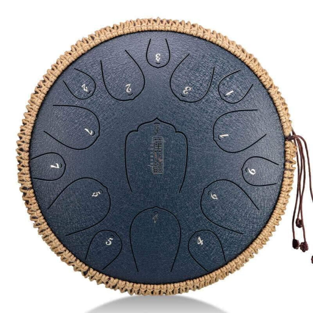 13-Inch Carbon Steel Tongue Drum with Woven Rope Border and Numbered Tone Zones