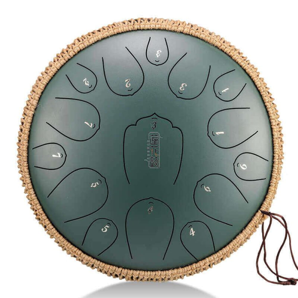 Steel tongue drum with numbered surfaces and woven rope edge, 13-inch in D Key