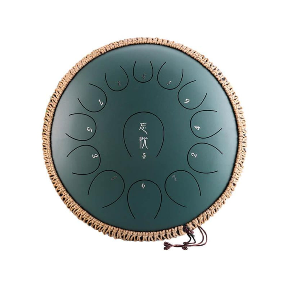 Steel tongue drum with green surface and woven rim, 13-note C Major, 14 inches