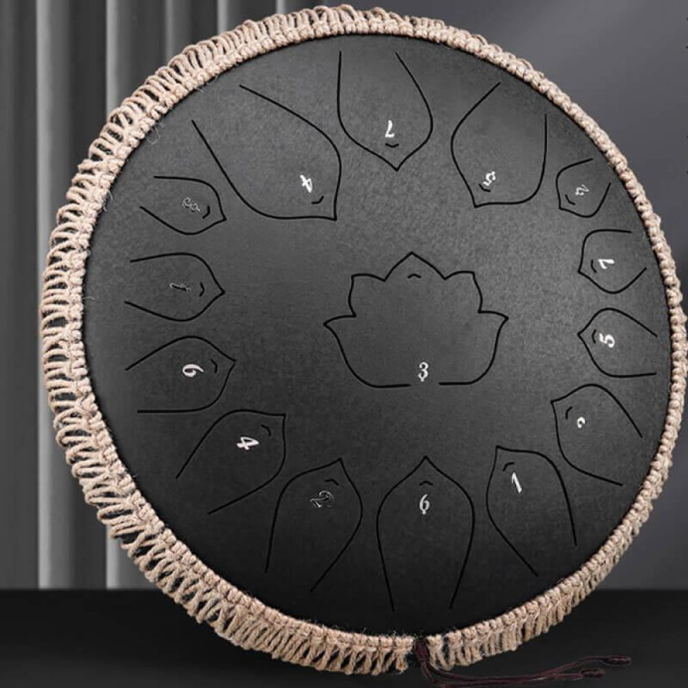 Black steel tongue drum with numbered pads and woven rope edge for 14-Inch 15-Note C Major