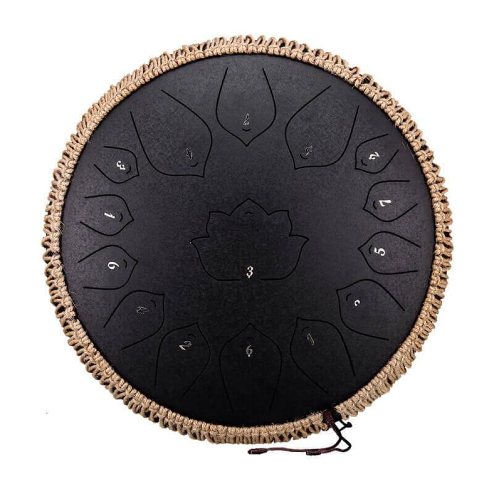 Black Steel Tongue Drum with numbered pads and rope trim, 14-Inch 15-Note C Major