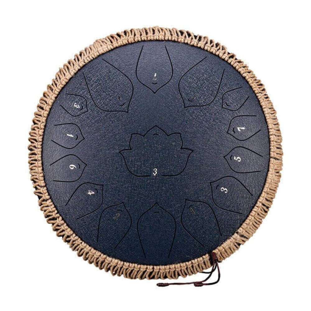 14-inch 15-note C Major Steel Tongue Drum with lotus pattern and rope-wrapped edges