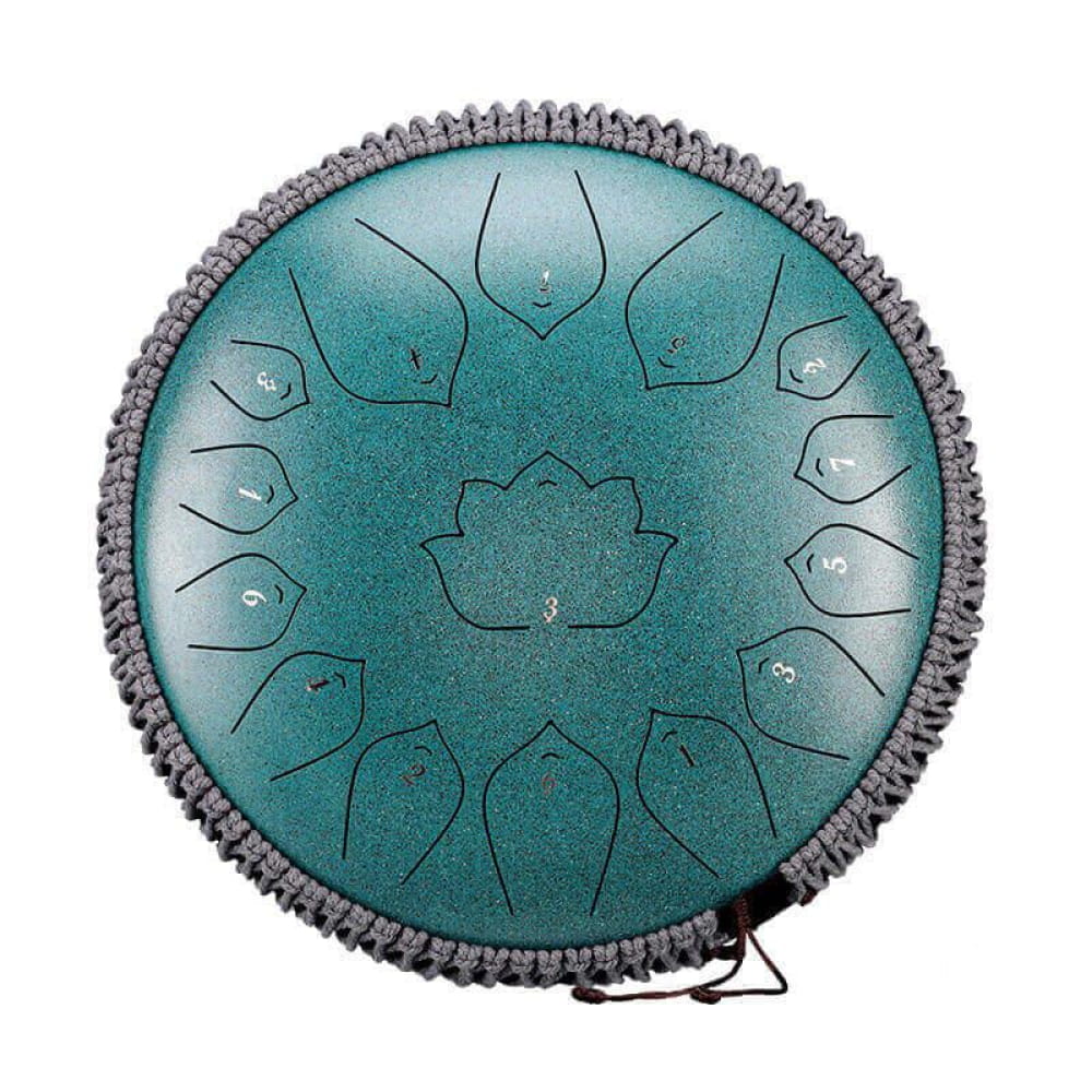 Turquoise 14-Inch Steel Tongue Drum with Lotus Pattern and Gray Trim