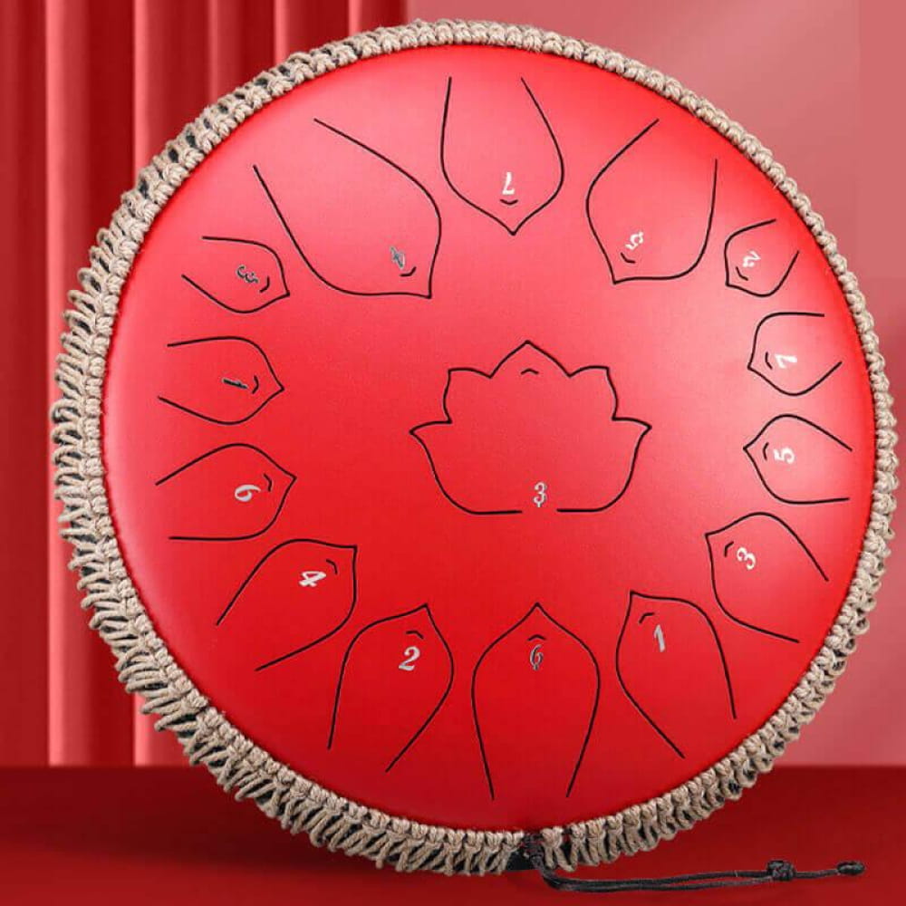 Red Steel Tongue Drum with Lotus Pattern and Rope Trim, 14-Inch 15-Note C Major