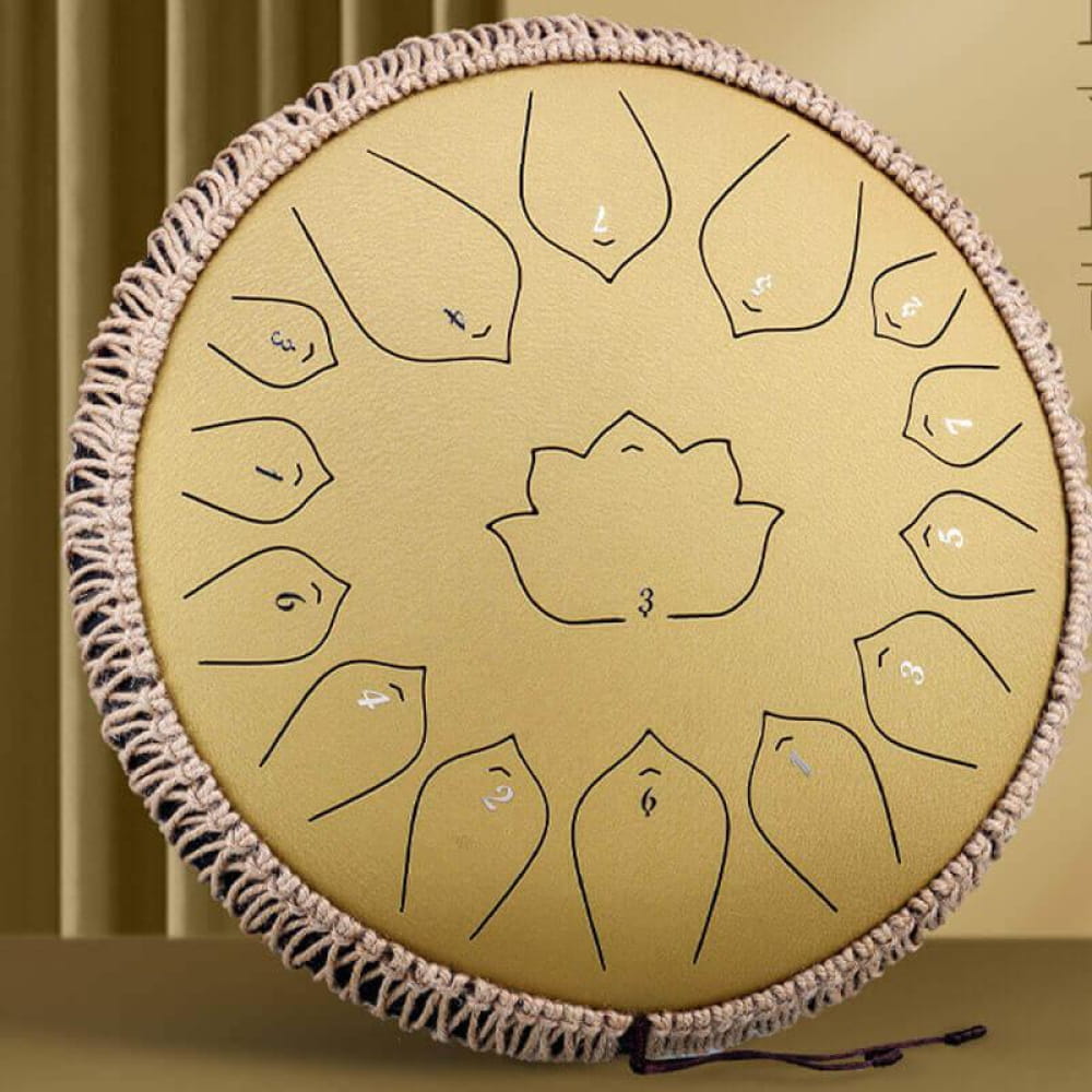 Circular steel tongue drum with lotus pattern and braided edge trim in C Major