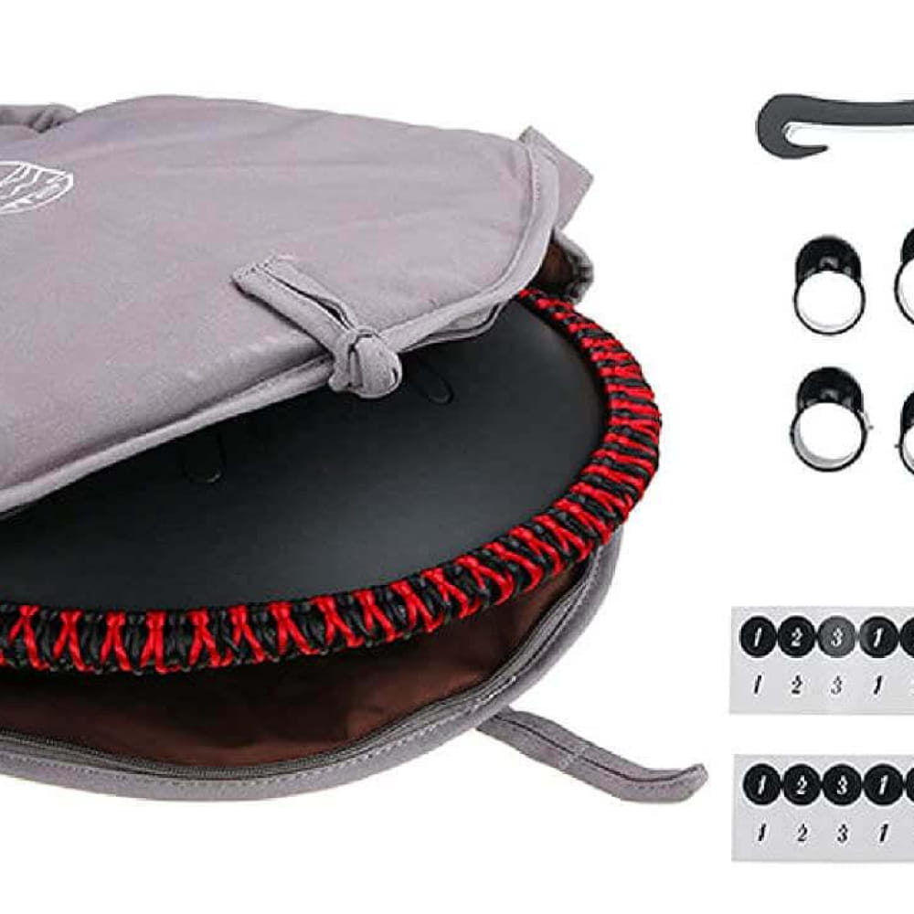 Round trampoline with red bungee cords and gray cover for 14 Inch Tongue Drum