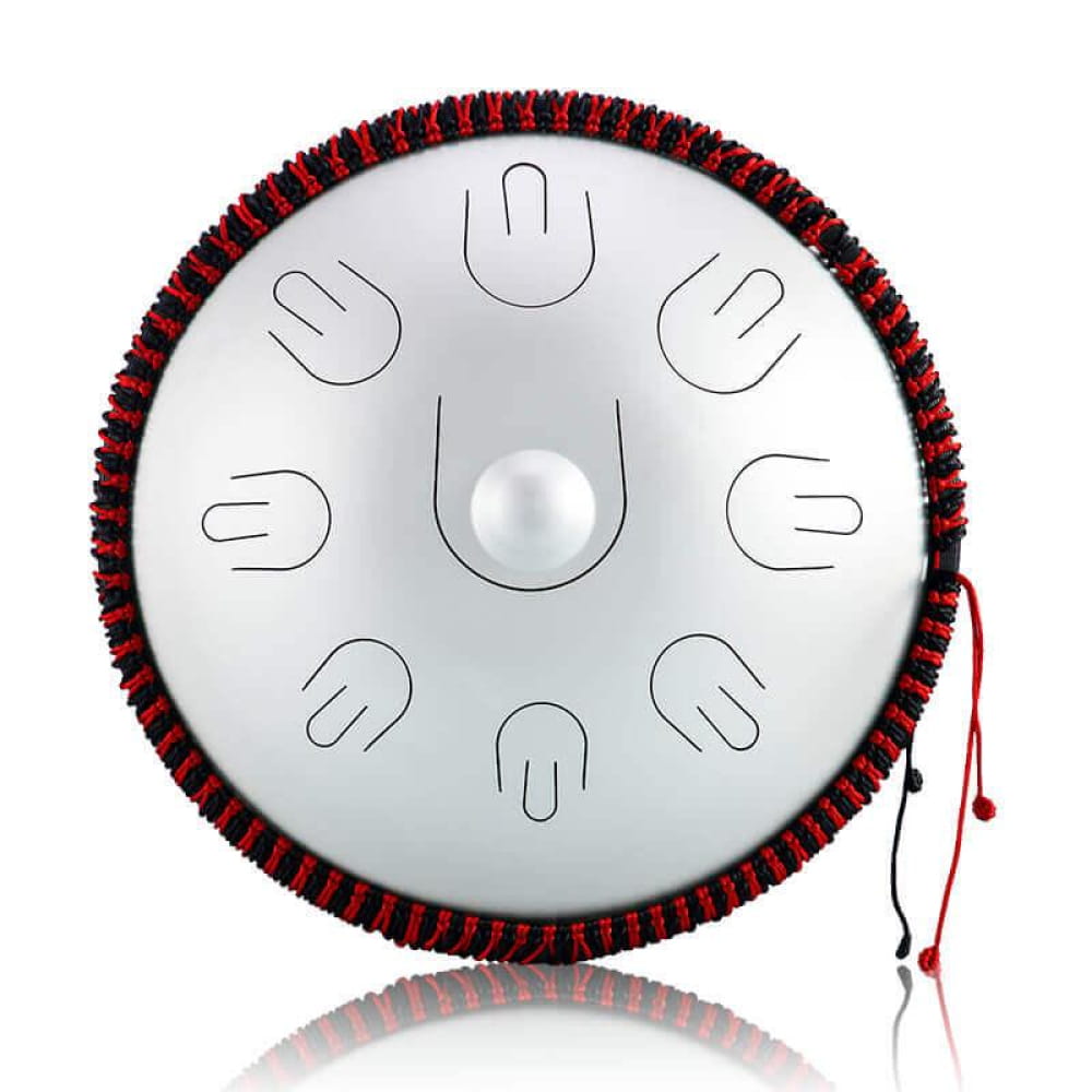 Circular steel tongue drum with eight notes and red-black woven trim in D Minor